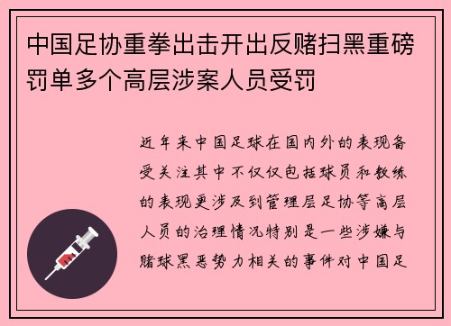 中国足协重拳出击开出反赌扫黑重磅罚单多个高层涉案人员受罚